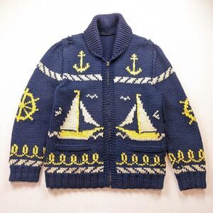 Vintage 60s-70s Nautical Sailing Anchor Cowichan Sweater Wool Talon Zip Rare